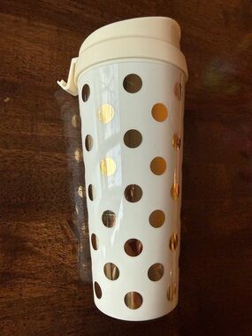Kate Spade White Travel Tumbler with Gold Polka Dots